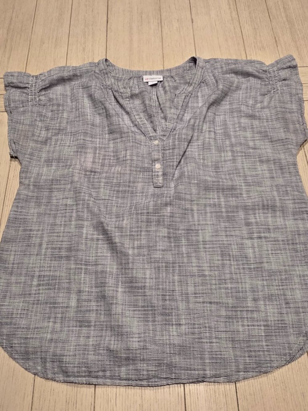 Liz Claiborne Striped Cotton Popover Henley Blouse | Size L Grey/White